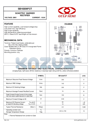 SB10200FCT datasheet - SCHOTTKY BARRIER RECTIFIER VOLTAGE: 200V CURRENT: 10.0A