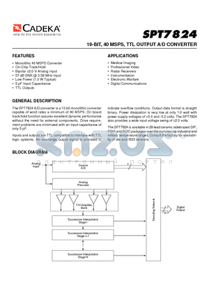 SPT7824 datasheet - 10-BIT, 40 MSPS, TTL OUTPUT A/D CONVERTER