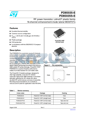 PD85035-E_08 datasheet - RF POWER transistor, LDMOST plastic family N-Channel enhancement-mode lateral MOSFETs