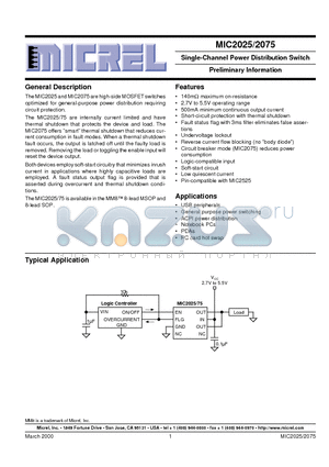 MIC2025-2BM datasheet - Single-Channel Power Distribution Switch Preliminary Information