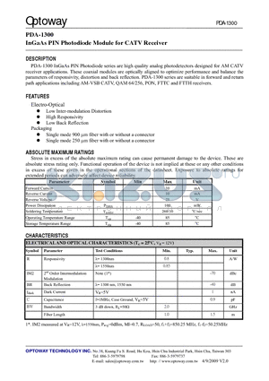 PDA-1300A-HFA datasheet - InGaAs PIN Photodiode Module for CATV Receiver