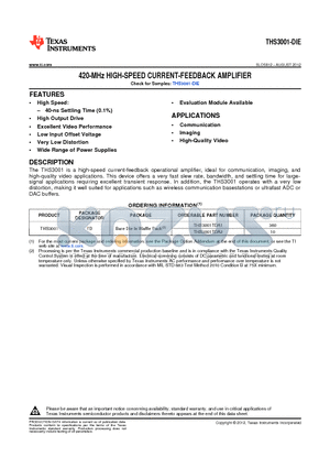 THS3001-DIE datasheet - 420-MHz HIGH-SPEED CURRENT-FEEDBACK AMPLIFIER