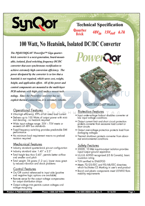 PQ48150QGA07PNS datasheet - 100 Watt, No Heatsink, Isolated DC/DC Converter