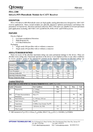 PDA-1300D-HX datasheet - InGaAs PIN Photodiode Module for CATV Receiver