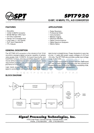 SPT7920SCJ datasheet - 12-BIT, 10 MSPS, TTL, A/D CONVERTER