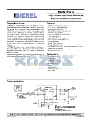 MIC2044 datasheet - SINGLE CHANNEL HIGH CURRENT LOW VOLTAGE, PROTECTED POWER DISTRIBUTION SWITCH