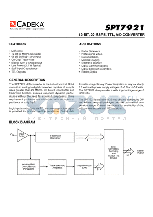 SPT7921SCJ datasheet - 12-BIT, 20 MSPS, TTL, A/D CONVERTER