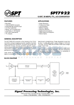 SPT7922SCQ datasheet - 12-BIT, 30 MSPS, TTL, A/D CONVERTER