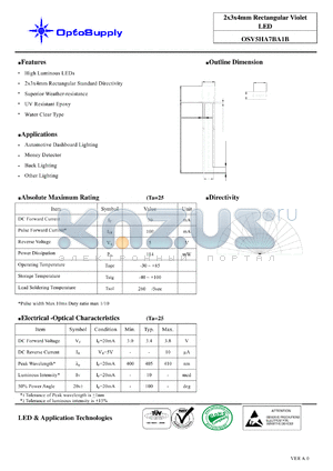 OSV5HA7BA1B datasheet - 2x3x4mm Rectangular Violet LED