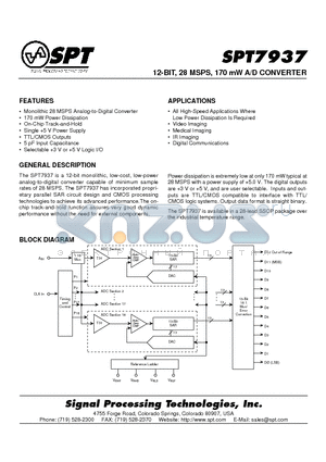 SPT7937SIR datasheet - 12-BIT, 28 MSPS, 170 mW A/D CONVERTER