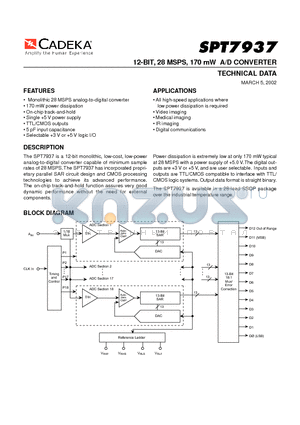 SPT7937SIR datasheet - 12-BIT, 28 MSPS, 170 mW A/D CONVERTER