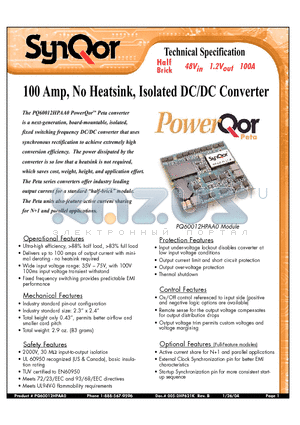 PQ60012HPAA0 datasheet - 100 Amp, No Heatsink, Isolated DC/DC Converter