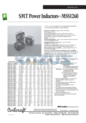 MSS1260-104ML datasheet - SMT Power Inductors