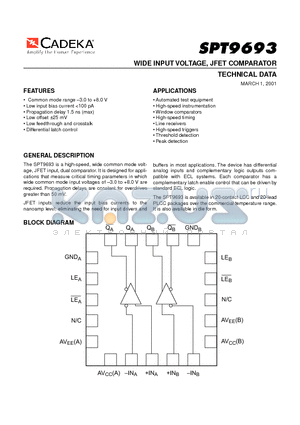 SPT9693 datasheet - WIDE INPUT VOLTAGE, JFET COMPARATOR