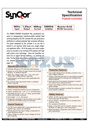 PQ60012QPA60NY2 datasheet - Quarter-brick DC/DC Converter