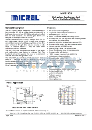 MIC2131-4YTSE datasheet - High Voltage Synchronous Buck Control IC with Low EMI Option