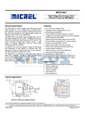 MIC2130-1YTSE datasheet - High Voltage Synchronous Buck Control IC with Low EMI Option