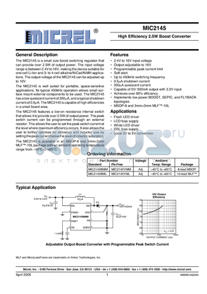 MIC2145 datasheet - High Efficiency 2.5W Boost Converter