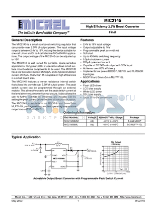 MIC2145BMM datasheet - High Efficiency 2.5W Boost Converter