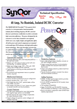 PQ60012QTA40PYS datasheet - 40 Amp, No Heatsink, Isolated DC/DC Converter