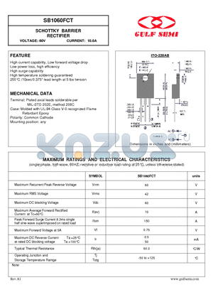 SB1060FCT datasheet - SCHOTTKY BARRIER RECTIFIER VOLTAGE: 60V CURRENT: 10.0A