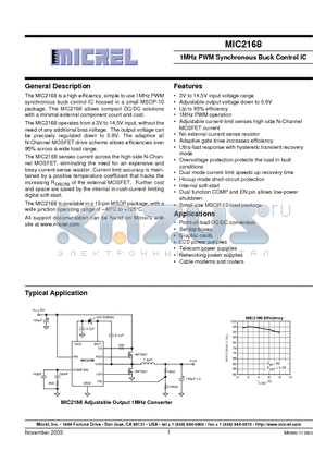 MIC2168 datasheet - 1MHZ PWM SYNCHRONOUS BUCK CONTROL IC