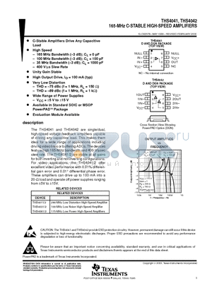 THS4041EVM datasheet - 165-MHz C-STABLE HIGH-SPEED AMPLIFIERS