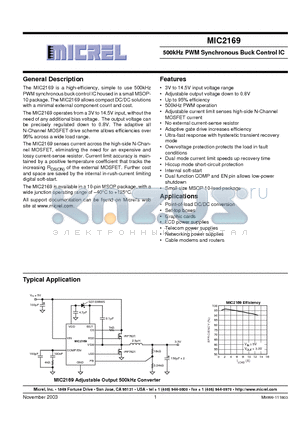 MIC2169 datasheet - 500 KHZ PWM SYNCHRONOUS BUCK CONTROL IC