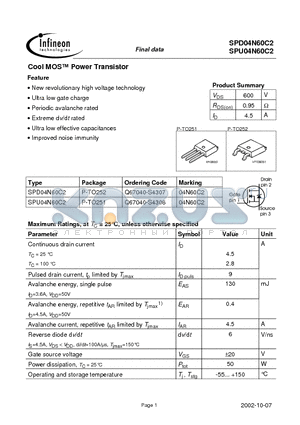 SPU04N60C2 datasheet - Cool MOS Power Transistor