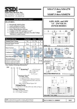 SZ6A68 datasheet - 6.0W, 8.0W, and 10W 7.5 - 270 VOLTS ZENER DIODES