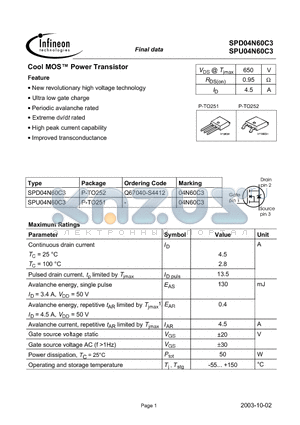 SPU04N60C3 datasheet - Cool MOS Power Transistor