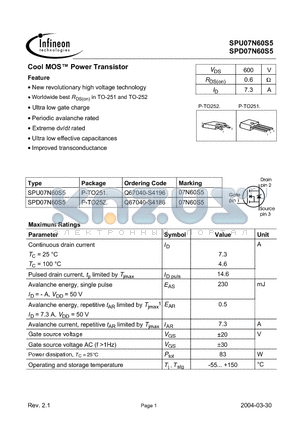 SPU07N60S5 datasheet - Cool MOS Power Transistor