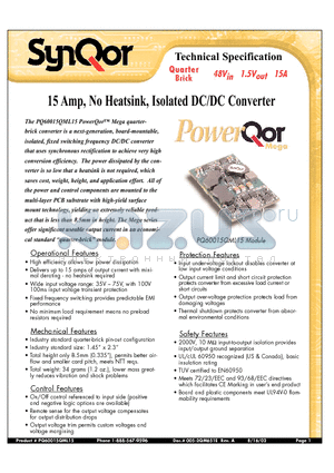 PQ60015QML15PNS datasheet - 15 Amp, No Heatsink, Isolated DC/DC Converter