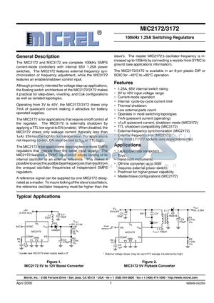 MIC2172 datasheet - 100kHz 1.25A Switching Regulators