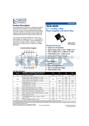SZA-6044 datasheet - 5.1- 5.9 GHz 1/4 Watt Power Amplifier with Active Bias