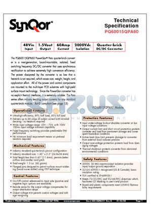 PQ60015QPA60NR2 datasheet - Quarter-brick DC/DC Converter