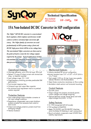 NQ03015HMA15NRS datasheet - 15A Non-Isolated DC/DC Converter in SIP configuration