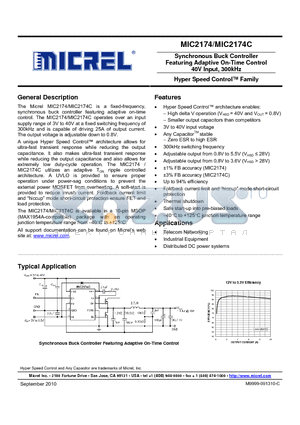 MIC2174-1YMM datasheet - Synchronous Buck Controller Featuring Adaptive On-Time Control 40V Input, 300kHz