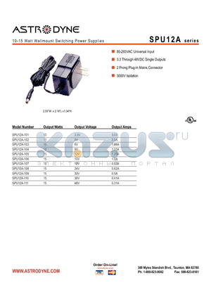 SPU12A-103 datasheet - 10-15 Watt Wallmount Switching Power Supplies