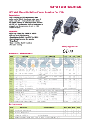 SPU12B-111 datasheet - 15W Wall Mount Switching Power Supplies For I.T.E.