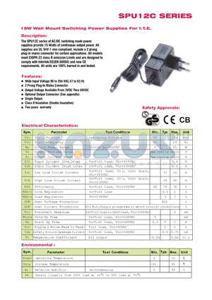 SPU12C-111 datasheet - 15W Wall Mount Switching Power Supplies For I.T.E.