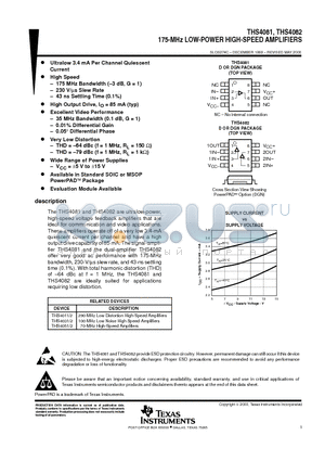 THS4081D datasheet - 175-MHz LOW-POWER HIGH-SPEED AMPLIFIERS