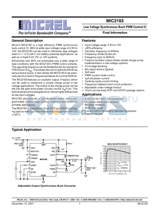 MIC2183 datasheet - Low Voltage Synchronous Buck PWM Control IC Final Information
