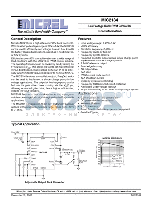 MIC2184 datasheet - Low Voltage Buck PWM Control IC Final Information