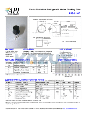 PDB-C139F datasheet - Plastic Photodiode Package with Visible Blocking Filter