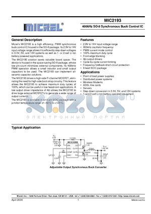 MIC2193YM datasheet - 400KHZ SO 8 SYNCHRONOUS BUCK CONTROL IC