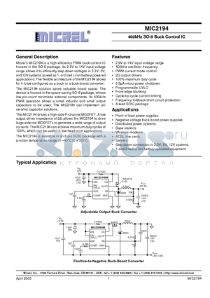 MIC2194YM datasheet - 400kHz SO-8 Buck Control IC