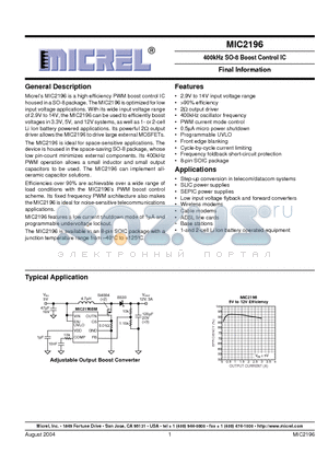 MIC2196BM datasheet - 400kHz SO-8 Boost Control IC