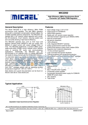 MIC2202YML datasheet - High Efficiency 2MHz Synchronous Buck Converter 1lF Stable PWM Regulator