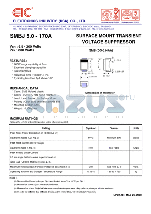 SMBJ5.0A datasheet - SURFACE MOUNT TRANSIENT VOLTAGE SUPPRESSOR